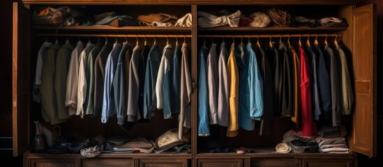 A wooden cupboard filled with an assortment of shirts in various colors, neatly hung and organized, creating a vibrant and colorful display.