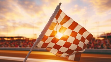 Checkered flag in front of a cheering crowd, perfect for sports events