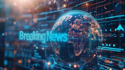 a high-tech banner design with a futuristic globe with the text Breaking News. 
