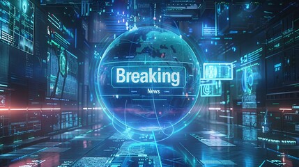 a high-tech banner design with a futuristic globe with the text Breaking News. 
