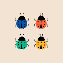 Cute colorful ladybugs hand drawn vector illustration. Funny isolated beetle insect in flat style for kids poster, logo or icon.