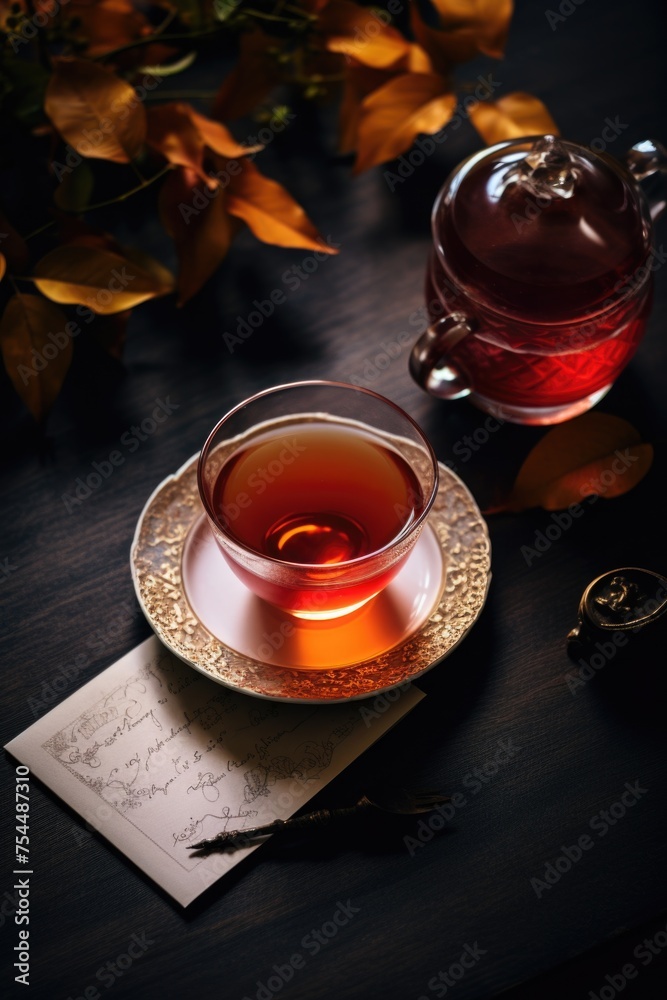 Poster A cup of tea sitting on a saucer next to a note. Suitable for various projects