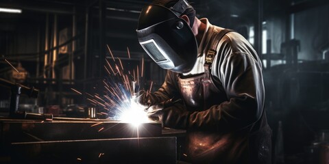 A welder working on a piece of metal. Suitable for industrial concepts