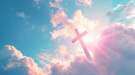 A striking image of a cross in the sky with dramatic clouds. Ideal for religious and spiritual concepts - obrazy, fototapety, plakaty
