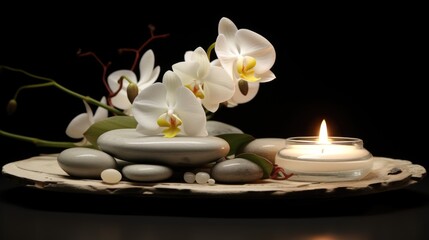 Fototapeta na wymiar A candle and white flowers on a plate, suitable for home decor projects
