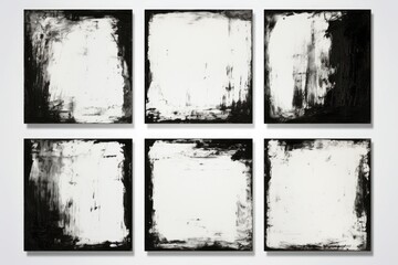 Four modern black and white paintings displayed on a white wall. Perfect for interior design projects