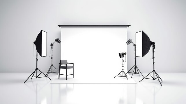 A photo studio setup with lighting equipment and a chair. Suitable for photography projects