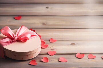 Romantic heart-shaped gift box with red ribbon among scattered red hearts on a rustic wooden surface. - Powered by Adobe