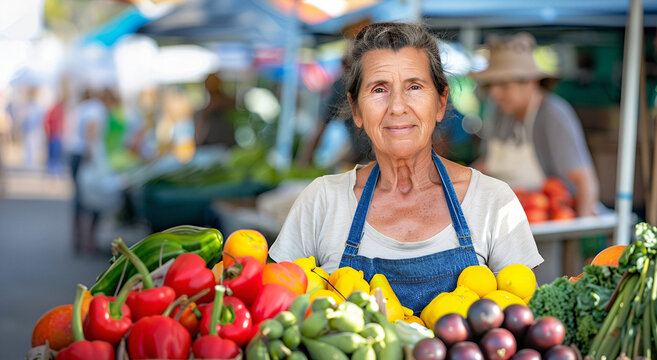 Middle age female seller on local farmer market
