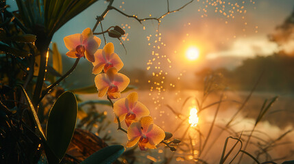 Orchids in the rain forest at dawn after the rain, ai generative