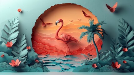 Paper art of flamingo and palm tree in a circular sunset landscape with butterflies.