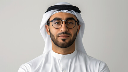 Head shot portrait of Arabian businessman posing on grey studio background