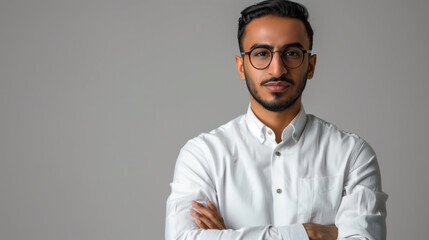 Head shot portrait of Arabian businessman posing on grey studio background - 754488119