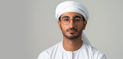 Head shot portrait of Arabian businessman posing on grey studio background