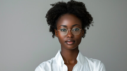 Head shot portrait of young African curly haired businesswoman posing on grey wall studio background