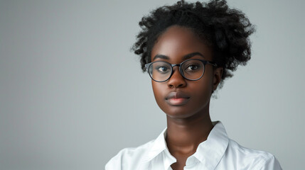 Head shot portrait of young African curly haired businesswoman posing on grey wall studio background - 754488152