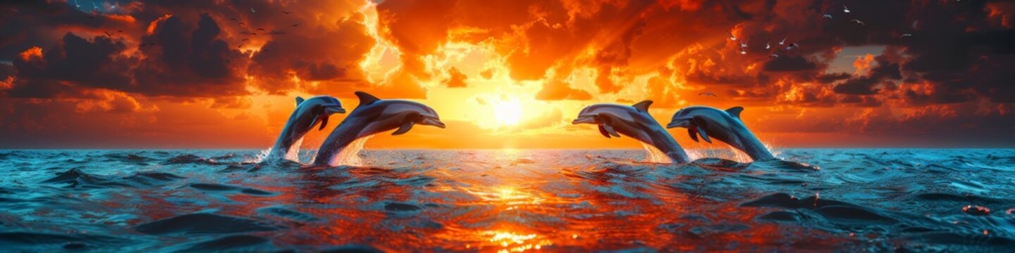 Dolphins jumping in sync from ocean water with dramatic sunset sky, vivid orange and red hues creating striking silhouettes
