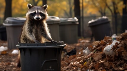A pest raccoon watches people with dark eyes from the backyard near a trash can.