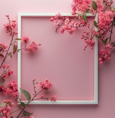 Square Frame With Pink Flowers on Pink Background