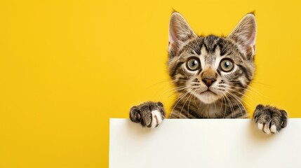 a cute tabby cat, its big eyes gleaming, as it holds a white sign, all set against a lively yellow background