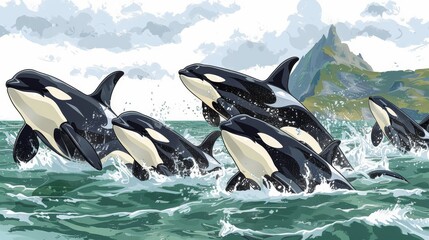 Pod of orcas leaping together in wild ocean waters with rocky mountains in the background