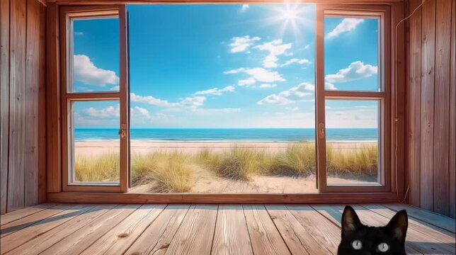 Airplane flaying across the sea, viewing from a door with cute cat. Seamless looping time-lapse 4k video animation background