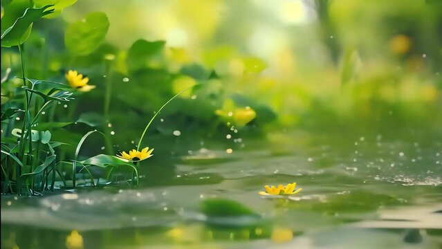 Serene nature background with vibrant yellow flowers and fresh green leaves, reflecting on a tranquil water surface with soft sunlight.