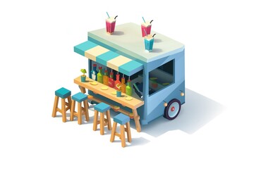isometric 3d graphic of a mobile cocktail bar isolated on a white background