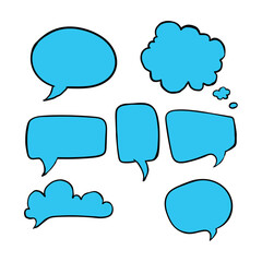 Hand drawn doodle set of blue speech bubbles on white background.