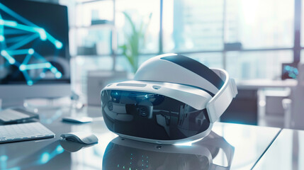 A virtual reality headset resting on a sleek modern desk, transporting users to immersive digital worlds with stunning visual fidelity.