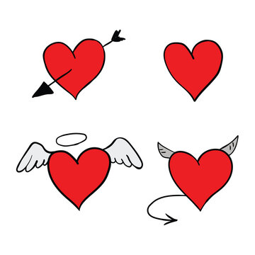 Hand drawn doodle set of hearts on white background. Angel, Devil, Love.