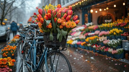 Fototapeta na wymiar Bicycle with flowerfilled basket parked outside flower shop