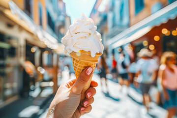 A hand holding an ice cream cone on a bustling city street, showcasing a summery treat amidst urban surroundings.
