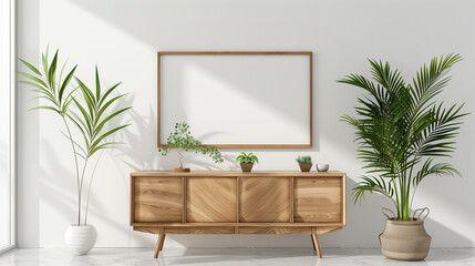 Blank poster frame mockup on white wall living room with wooden sideboard with small green plant