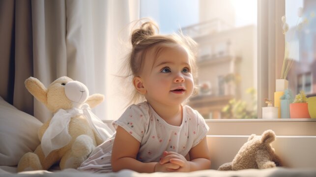 A touching image of a little girl surrounded by her favorite toys in a children's room opposite the window.