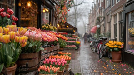 City street with flowers, bicycles, and rain on a rainy day