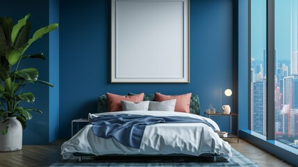Blue bedroom interior with a blue wall, a bed and a vertical poster