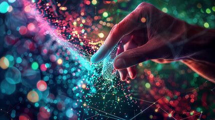 Hand touching a spinning data flow, data flow processing visualization background