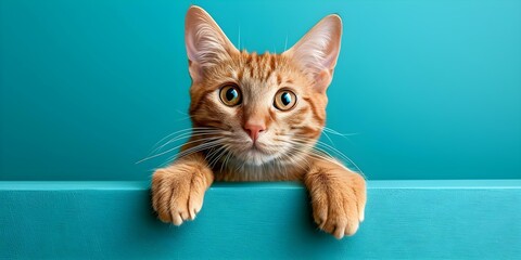 Playful animated cat waving against vibrant blue backdrop. Concept Animation of a playful cat waving against a vibrant blue backdrop, - obrazy, fototapety, plakaty