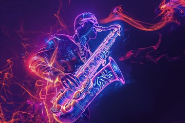 Stylized image of a saxophonist enveloped in neon light, capturing the essence of jazz and urban music culture, ideal for modern musical themes and designs. - obrazy, fototapety, plakaty