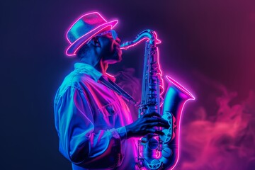 Obraz premium Stylized image of a saxophonist enveloped in neon light, capturing the essence of jazz and urban music culture, ideal for modern musical themes and designs.