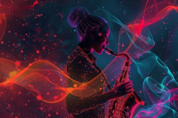 Fototapeta na wymiar Stylized image of a saxophonist enveloped in neon light, capturing the essence of jazz and urban music culture, ideal for modern musical themes and designs.