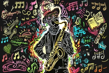 Stylized image of a saxophonist enveloped , capturing the essence of jazz and urban music culture, ideal for modern musical themes and designs.