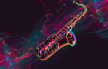 Stylized image of a saxophonist enveloped in neon light, capturing the essence of jazz and urban music culture, ideal for modern musical themes and designs.