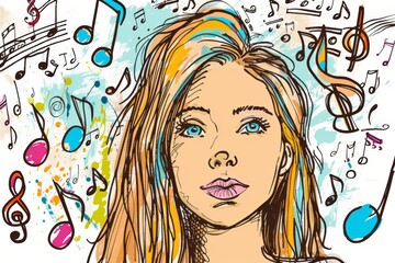 Colorful modern art of a woman with music notes, embodying creativity, beauty, and harmony. Ideal for expressive and cultural themes.