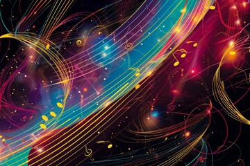 Obraz premium Abstract Music Waves with Colorful Notes and Light Streaks – Dynamic and Vibrant Design