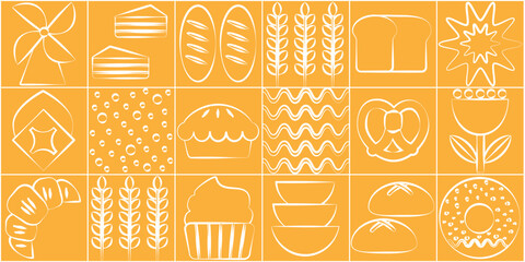 Baking and dessert in trendy geometric style - seamless pattern with icons related to bakery, cafe, cupcakes and logo design templates