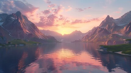 A serene lake nestled between towering mountains, reflecting the vibrant hues of a setting sun. Majestic peaks frame the tranquil waters, inviting you to lose yourself in nature's embrace.  - obrazy, fototapety, plakaty