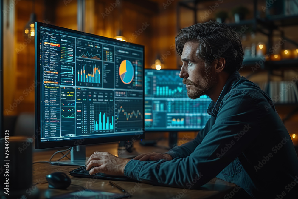 Poster a manager reviewing financial charts and graphs on a computer screen, emphasizing data-driven decisi