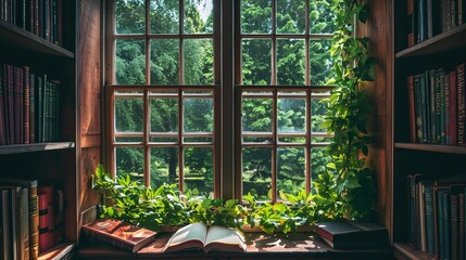 a window with a book and a plant